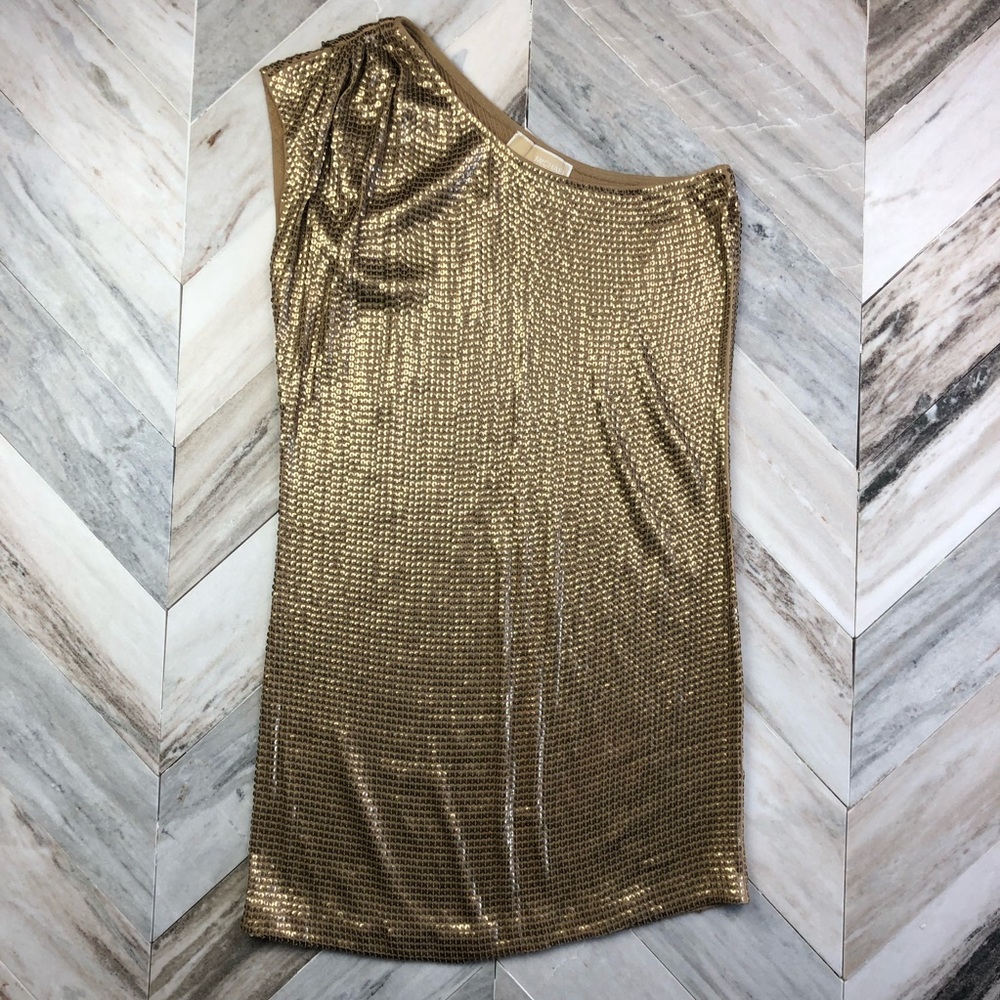 Michael Kors Gold Sequin One-Shoulder Dress